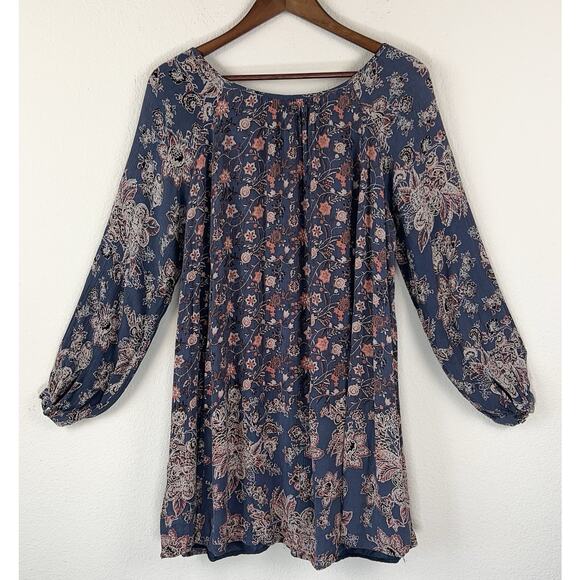Free People Boho Romantic S Floral Mini Dress Blue Peasant Cottagecore Flowy - Picture 4 of 8